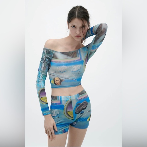 Zara limited edition larissa de Jesus negron print crop off shoulder mesh top - Picture 9 of 14